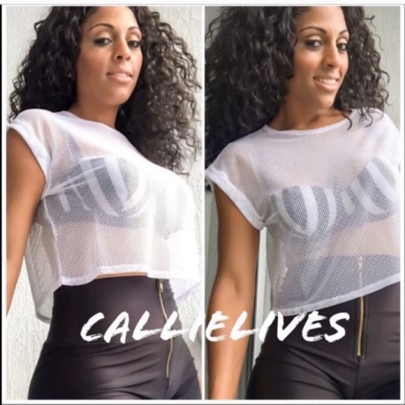 Callie Lives Tops - White Mesh Fish Net Crop T-Shirt Sheer Top Sexy T-Shirt Crop Top Medium